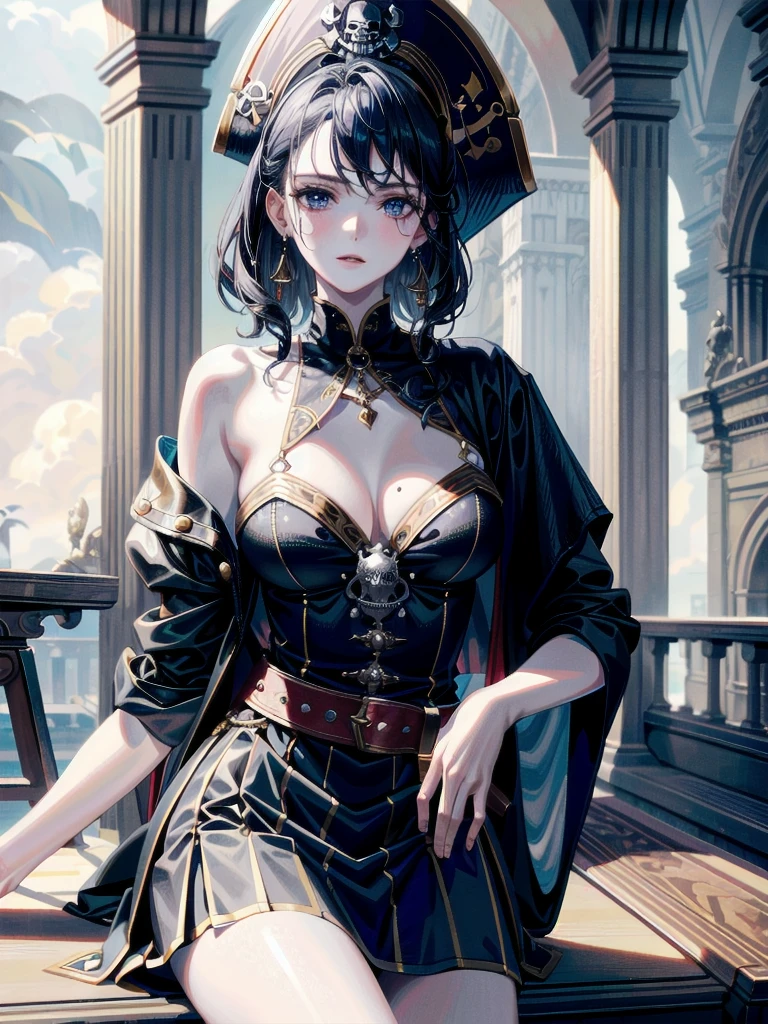 absurdres, RAW photo, extremely delicate and beautiful, masterpiece, Best Quality, ultra high resolution, 32k, hyperrealistic, ultra-detailed, detailed description, pale skin, 20 years old, tearful mole, earring, Colossal tits, short medium hair, wavy hair, Practical pirate clothing, Long-sleeved pirate top, Skirt,