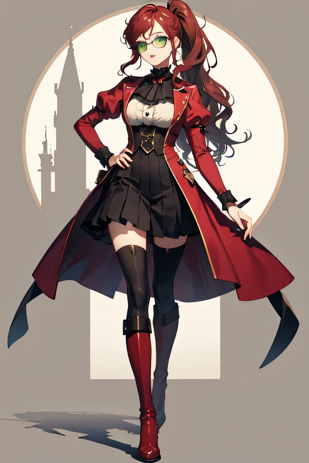 female character wavy dark red hair in a ponytail and green eyes with rectangle glasses wearing an elegant black and maroon hero outfit with brown boots that up to the knees and a Victorian era red parasol