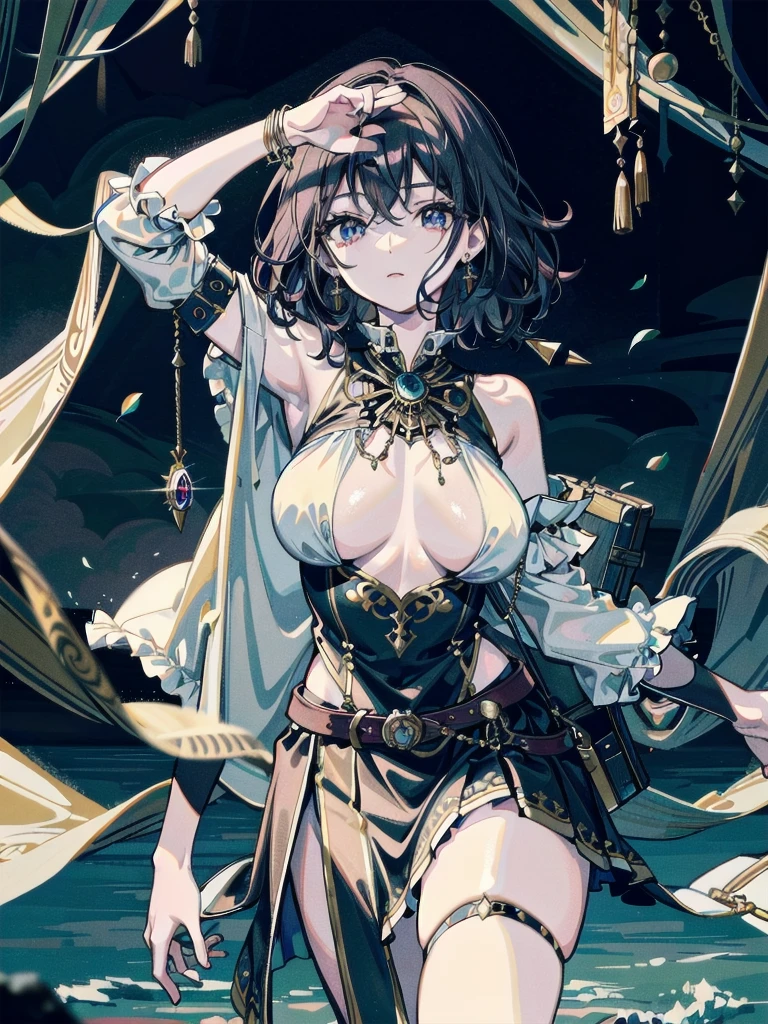 absurdres, RAW photo, extremely delicate and beautiful, masterpiece, Best Quality, ultra high resolution, 32k, hyperrealistic, ultra-detailed, detailed description, pale skin, 20 years old, tearful mole, earring, Colossal tits, short medium hair, wavy hair, Practical pirate clothing, Long-sleeved pirate top, Skirt,
