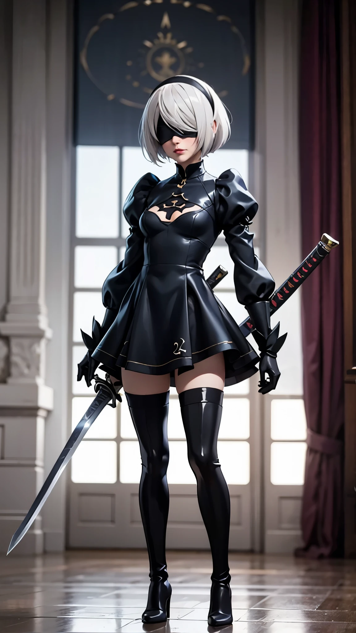 2B, 1girl, solo, short hair, thighhighs, gloves, long sleeves, dress, holding, cleavage, medium breasts, standing, full body, weapon, white hair, hairband, boots, puffy sleeves, sword, black thighhighs, black footwear, holding weapon, mole, black dress, high heels, leotard, clothing cutout, thigh boots, holding sword, cleavage cutout, katana, black hairband, juliet sleeves, mole under mouth, facing viewer, high heel boots, blindfold, covered eyes, black blindfold, feather-trimmed sleeves, masterpiece, 