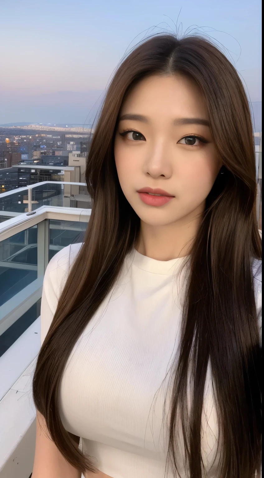 ((Midnight, highest quality, 8k, masterpiece :1.3)), whole body, Long legs, Sharp focus :1.2, Beautiful woman with perfect figure :1.4, Slim Abs :1.1, ((Dark brown hair, Big Breasts :1.2)), (White tight T-shirt, Jean Bib, Are standing:1.2), ((Night city view, rooftop:1.3)), Highly detailed face and skin texture, Fine grain, double eyelid