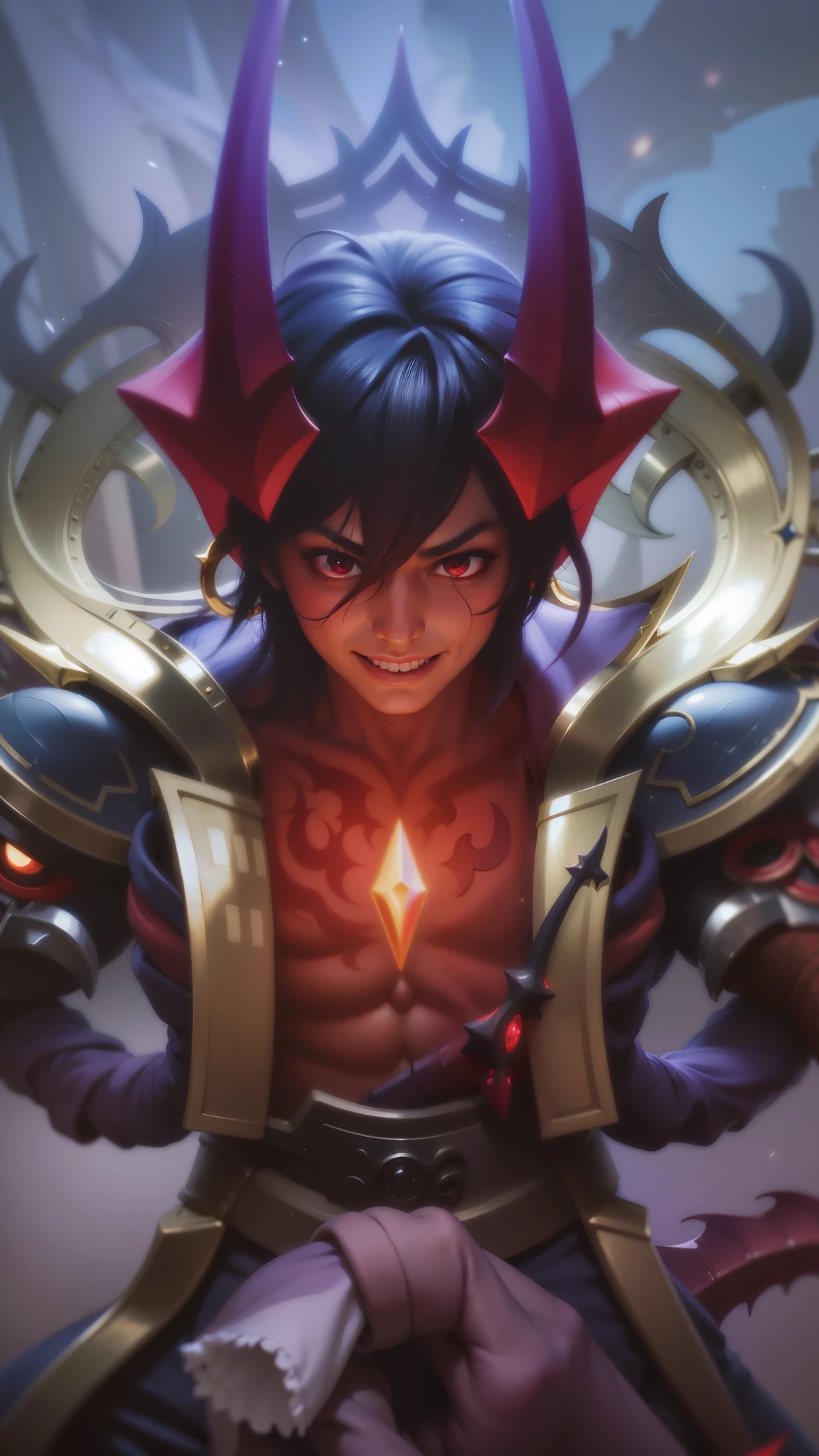 boy with purple hair and red shirt holding a purple ball, Masterpiece, ultra HD, detailed all picture, a close up of a devil, dyrroth from mobile legend, evil, extremely detailed artgerm, mobile legends character, inspired by Dyrroth, Six pack chest and abs, black jewel above the chest, red eyes, glare.