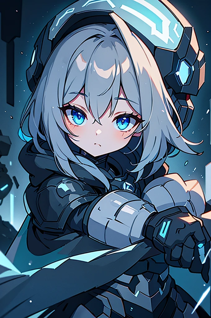 armored girl, grey hood and cape, background dark space battlefield, heavy rain, light silver short hair, blue glowing beautiful eyes, cowboy_shot, blue glowing lined simple armor plate, dark environment, high detailed face, Advance mask, intense war