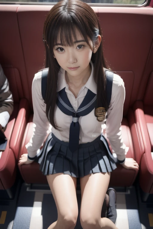 "(masterpiece, High resolution, Ultra High resolution, 4K) Black Hair, 14 year old Japanese girl,  uniform、Pleated skirt skirt,(( Accentuate your thighs)), White thighs, Soft thighs, Shiny thighs, Sitting on a train, ((Angle from above)),sitting in a train seat,Stand in front,Zoom camera on crotch,Put your feet on the floor of the train,whole body,Looking down and sleepy,Watch only viewers"