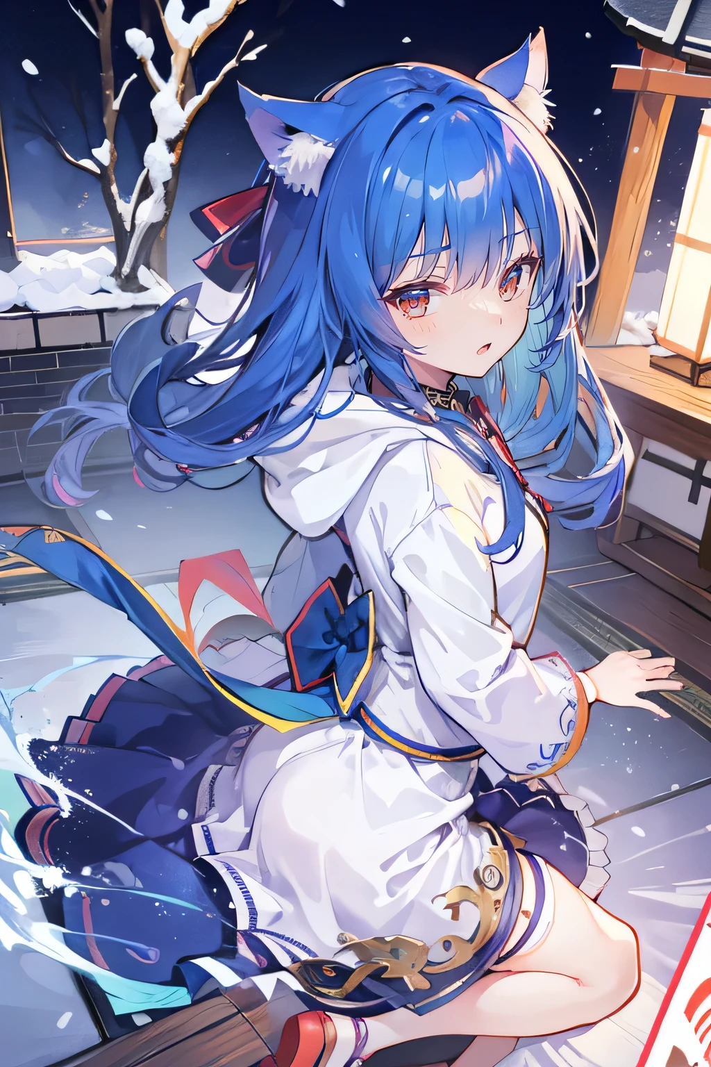 （masterpiece：1.2），Super detailed，lifelike，Expressive eyes，fair skin，perfect face shape，1 girl，
Japanese comics,Gorgeous blue hair,flowing blue hair,flowing clothes,Cat ears,Petals fall,beautiful lola,Baby Angel,
Shaking head with one hand，Cross your legs，Gentle and peaceful background，The pavilion is cool and comfortable,smile, wearing hoodie, background of tokyo,back views,snowing, winter.