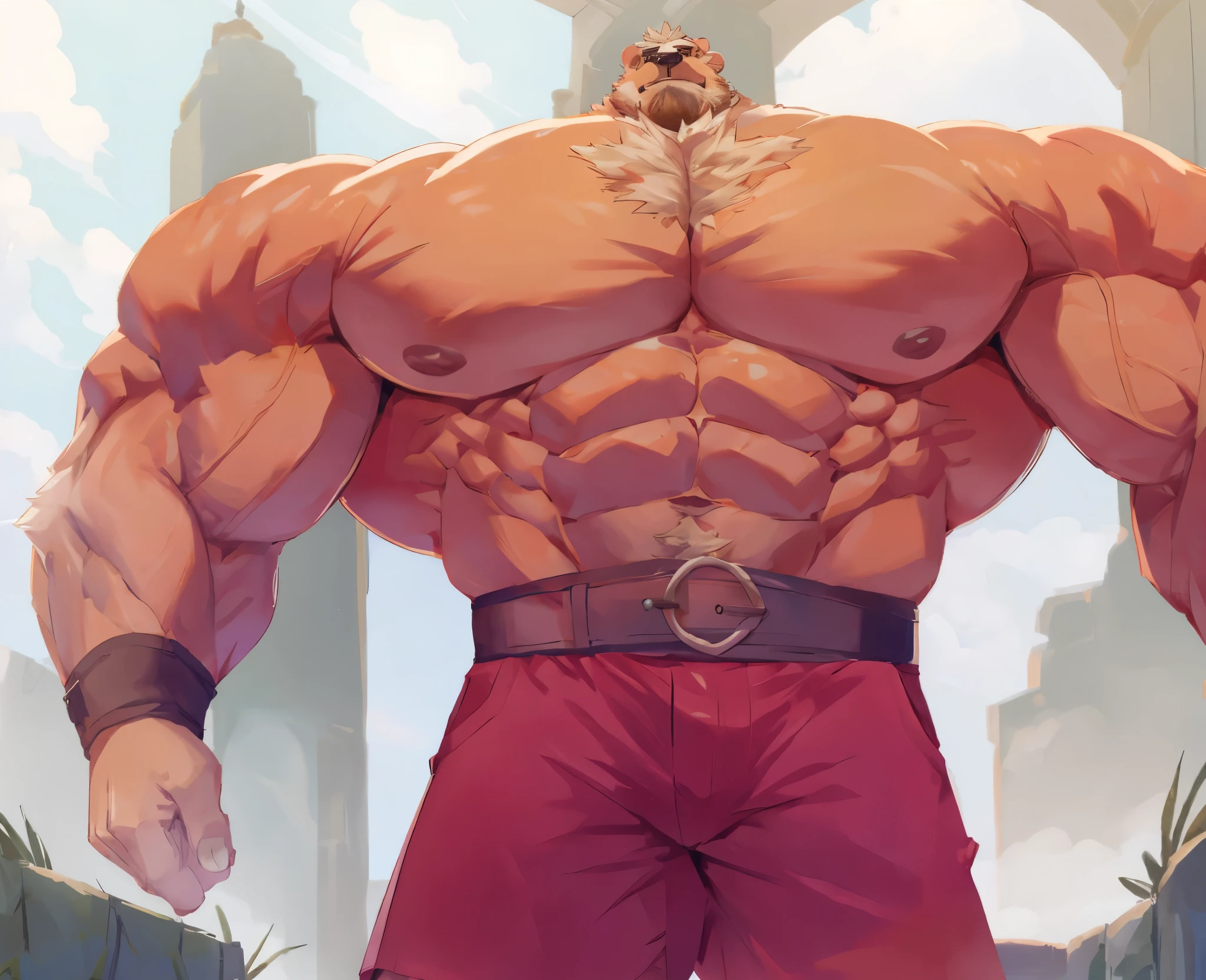 huge muscular furry bear, old man, massive muscle, wearing shorts