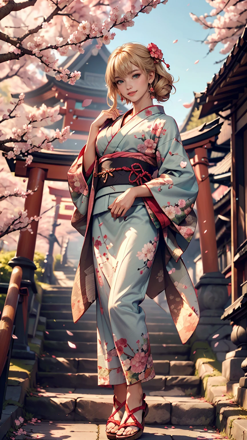 (((masterpiece: 1,5, highest quality, High resolution, Super Resolution, Super detailed: 1,2, Rich background: 1,4))), (close), (One girl), alone, Green Eyes, blonde long hair tied with blue ribbon, hair ornaments, Blunt bangs, smile, high school girl, Mid-chest, ((null中に手を上げる)), kimono, (Blue short-patterned kimono), Sandals, ribbon, heart, ((Outdoor)), Cherry Blossom, (torii), Stone stairs, null (afternoon), Cherry Blossoms fall, ((Dramatic Light: 1,3)), cloudy, (Mt.Fuji scenery)