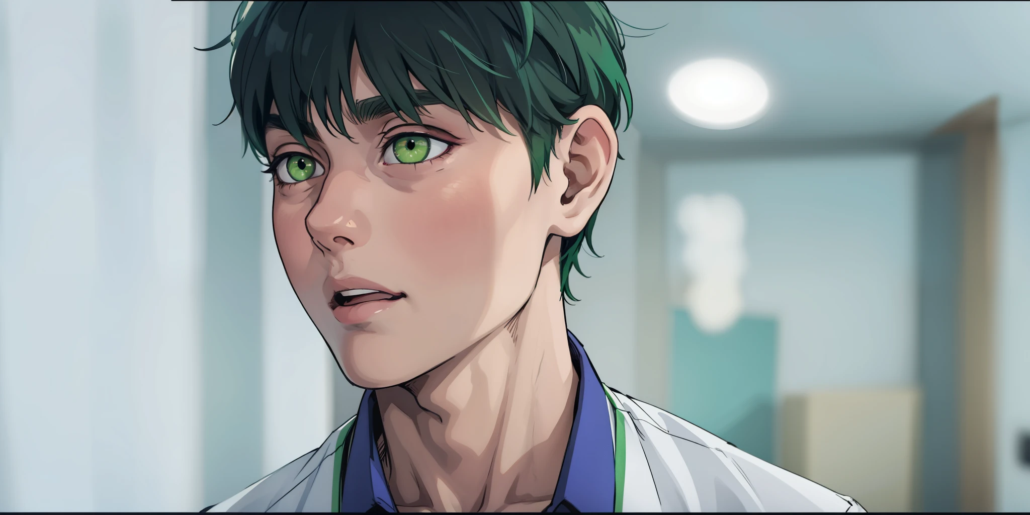 He has green hair, he has one green eye and the other brown eye, he is surprised, a little disbelieving, he is 16 years old, white shirt.