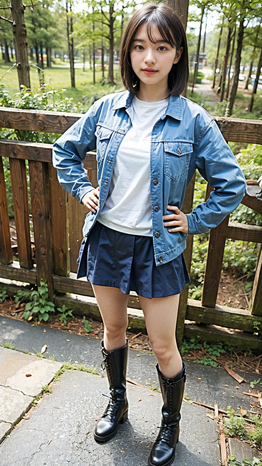 (8k、RAW Photos、highest quality、masterpiece:1.2)、(Realistic、Realistic)、1 girl、((Light blue jacket、Black Dress、Black Mini Skirt、boots、smile、Medium Hair、See-through、Large Breasts、View from the front、in the forest、Standing with hands on hips))、Lots of eyelashes、Glowing eyelids、skeletally correct