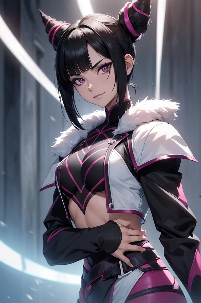 raios de luz,juri han,belo corpo,mulher jovem,short black hair , badass , colan,May,coxas torneadas,Evil Smile,juri han,chifres de cabelo,detalhes do corpo,low yellow lighting,raios de luz belo corpo detalhado