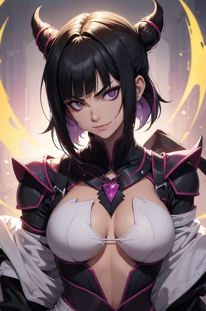 raios de luz,juri han,belo corpo,mulher jovem,short black hair , badass , colan,May,coxas torneadas,Evil Smile,juri han,chifres de cabelo,detalhes do corpo,low yellow lighting,raios de luz belo corpo detalhado
