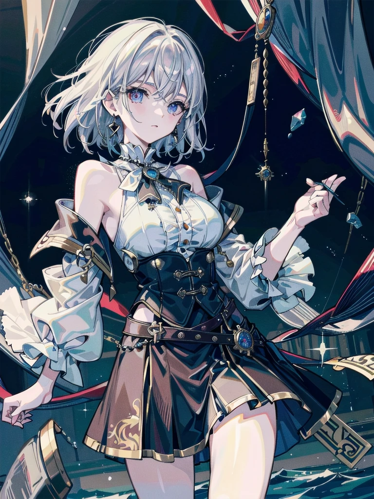 absurdres, RAW photo, extremely delicate and beautiful, masterpiece, Best Quality, ultra high resolution, 32k, hyperrealistic, ultra-detailed, detailed description, pale skin, 20 years old, tearful mole, earring, Colossal tits, short medium hair, wavy hair, Practical pirate clothing, Long-sleeved pirate top, Skirt,