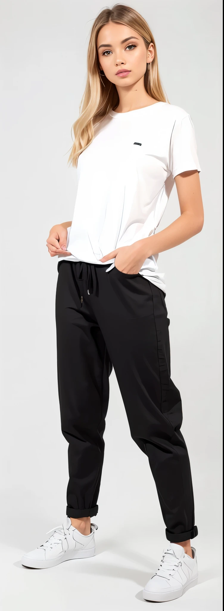 a woman in white shirt and black pants standing on a white background, black pants, black jeans pants, baggy black pants, black pants, Loose pants, big pants, black pants, wearing pants and a t-shirt, denim trousers, roupas casuais modernas, jeans largos, roupas modernas casuais, high-waisted pants, black sweatpants, wearing pants