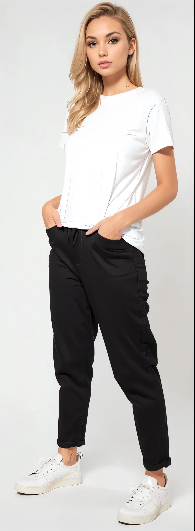 a woman in white shirt and black pants standing on a white background, black pants, black jeans pants, baggy black pants, black pants, Loose pants, big pants, black pants, wearing pants and a t-shirt, denim trousers, roupas casuais modernas, jeans largos, roupas modernas casuais, high-waisted pants, black sweatpants, wearing pants