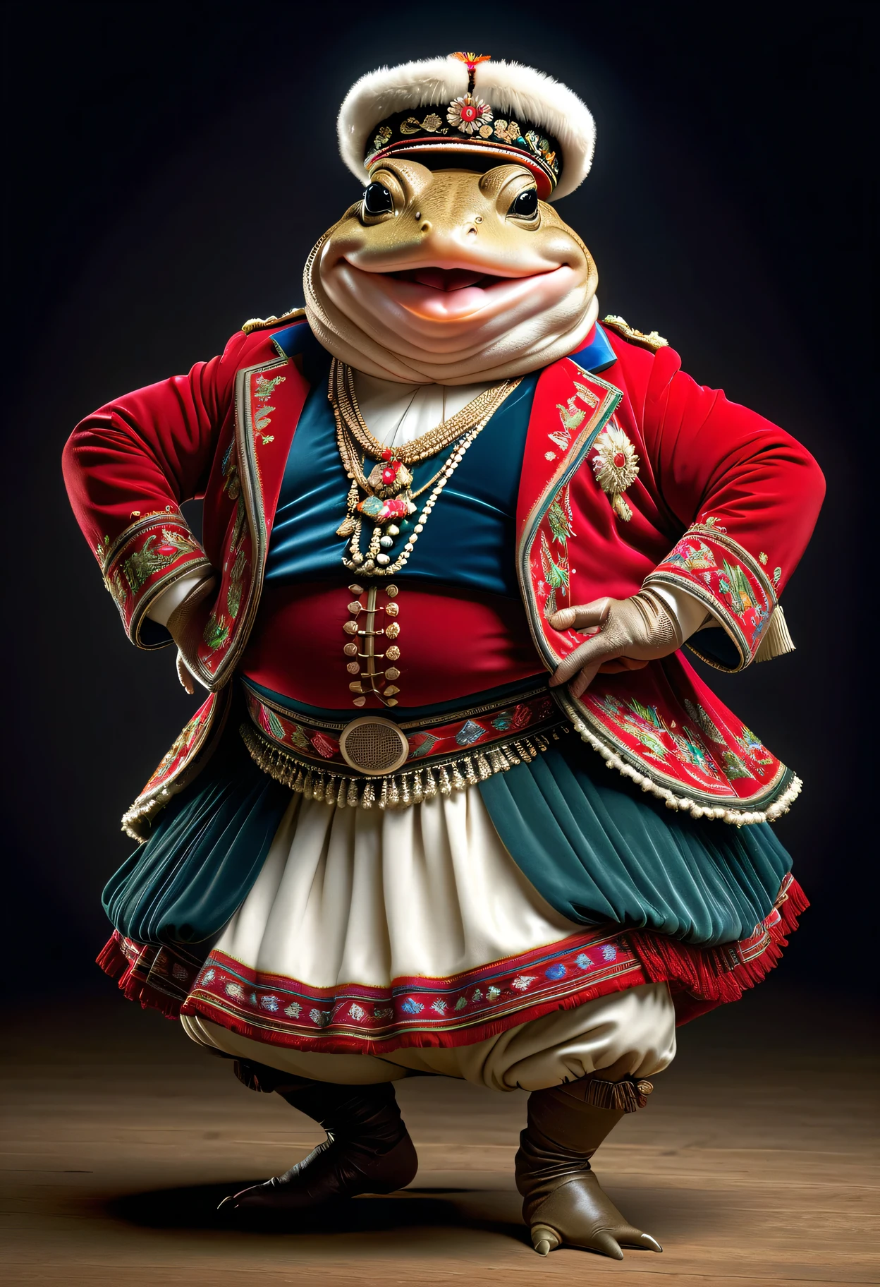 photorealistic portrait of Dressed animals - a ((fat)) toad cossack dancer,(dancing),(smile),(squatting:1.5), high quality,(lovely) ,intricate details, highly detailed (cossack dancer's dress )),, highly detailed decorations of dress ,, (happy), studio lighting,(full body image:2.0)
