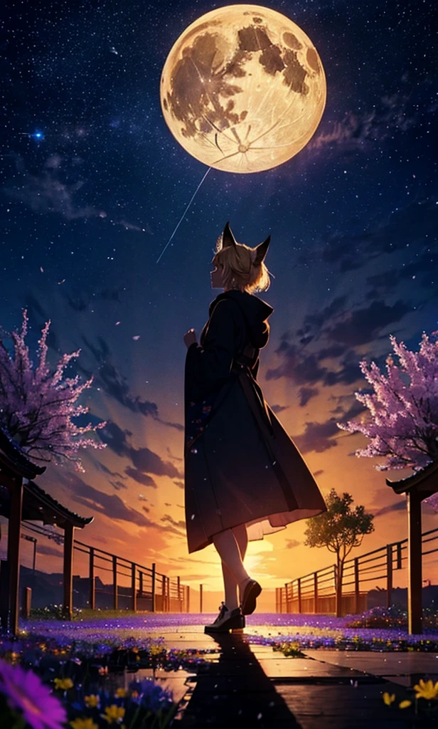 １people々々々々々々々々々々々々々々々々々々,Woman with medium length blonde hair，Fox Ears，Long coat，Takageta， Dress Silhouette， Rear View，Space Sky, Flower Field，Colorful flowers，Dancing Petals，full moon，shrine，