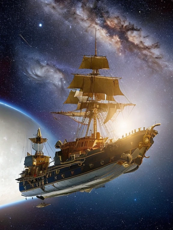 there is a ship that is floating in the air near a moon, 1 Pirate ship in space, at night, floating in front of the nebula, floating!!! In the nebula, galleon, space ship in space, An incredibly huge pirate ship, Picard on the starboard side, He's flying in space, against the backdrop of a pirate ship