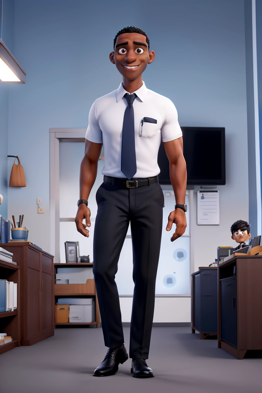 Professor careca, branco, dark skinned 29 years old, with bright black eyes, wearing a blue tie, sorriso encantador, magora, tall man wearing a white polo shirt and black pants with a black belt and black shoes in a white classroom with a TV