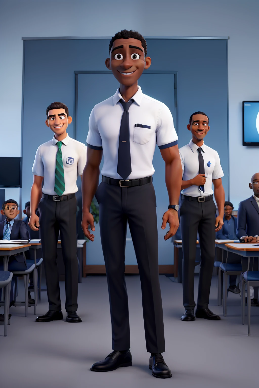 Professor careca, branco, dark skinned 29 years old, with bright black eyes, wearing a blue tie, sorriso encantador, magora, tall man wearing a white polo shirt and black pants with a black belt and black shoes in a white classroom with a TV