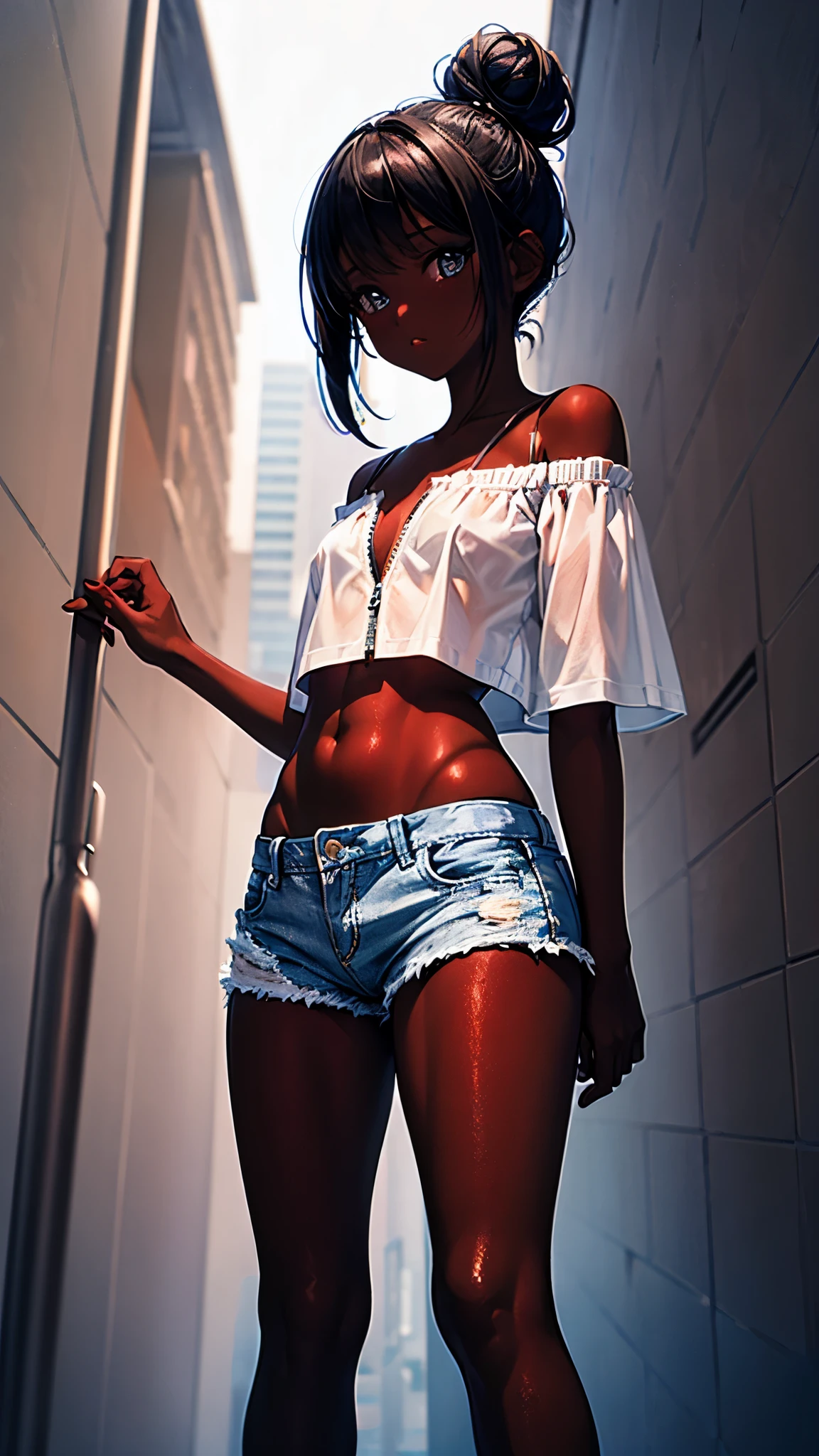 white off-the-shoulder blouse, unzipped white shorts, destroyed jeans, flat bust, black hair tied in a bun, upskirt, morning streets, small bust, slim hips, skinny gitl, skin limbs, dark skin, view from below front