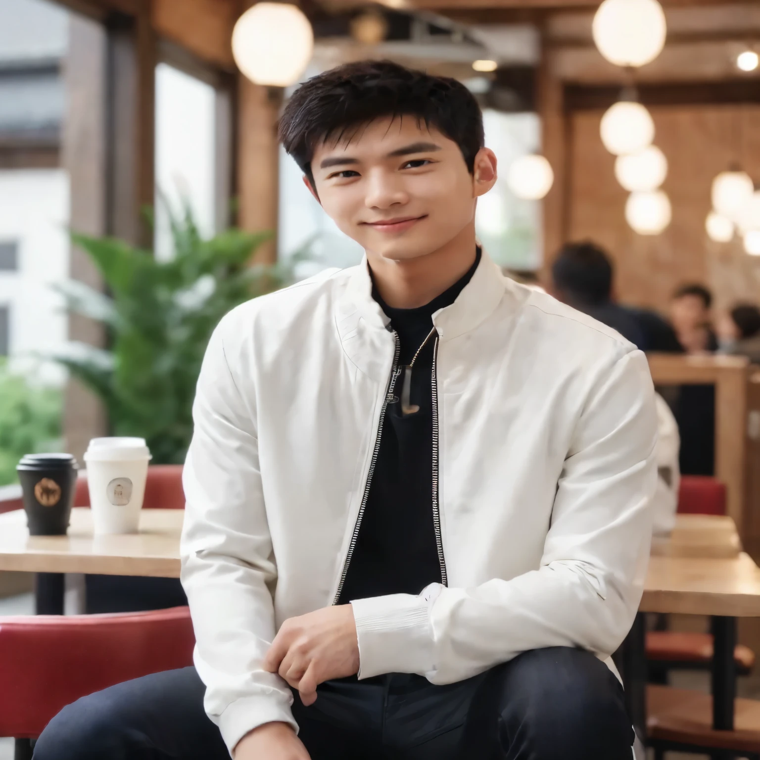 Young handsom men from asian wear white zipper jacket, wearing black cloth, wearing black jeans pant, sit in the chinesse cafe, japan, yokoham, ultra realistic hd, best render, with hold coffea, smile with tears