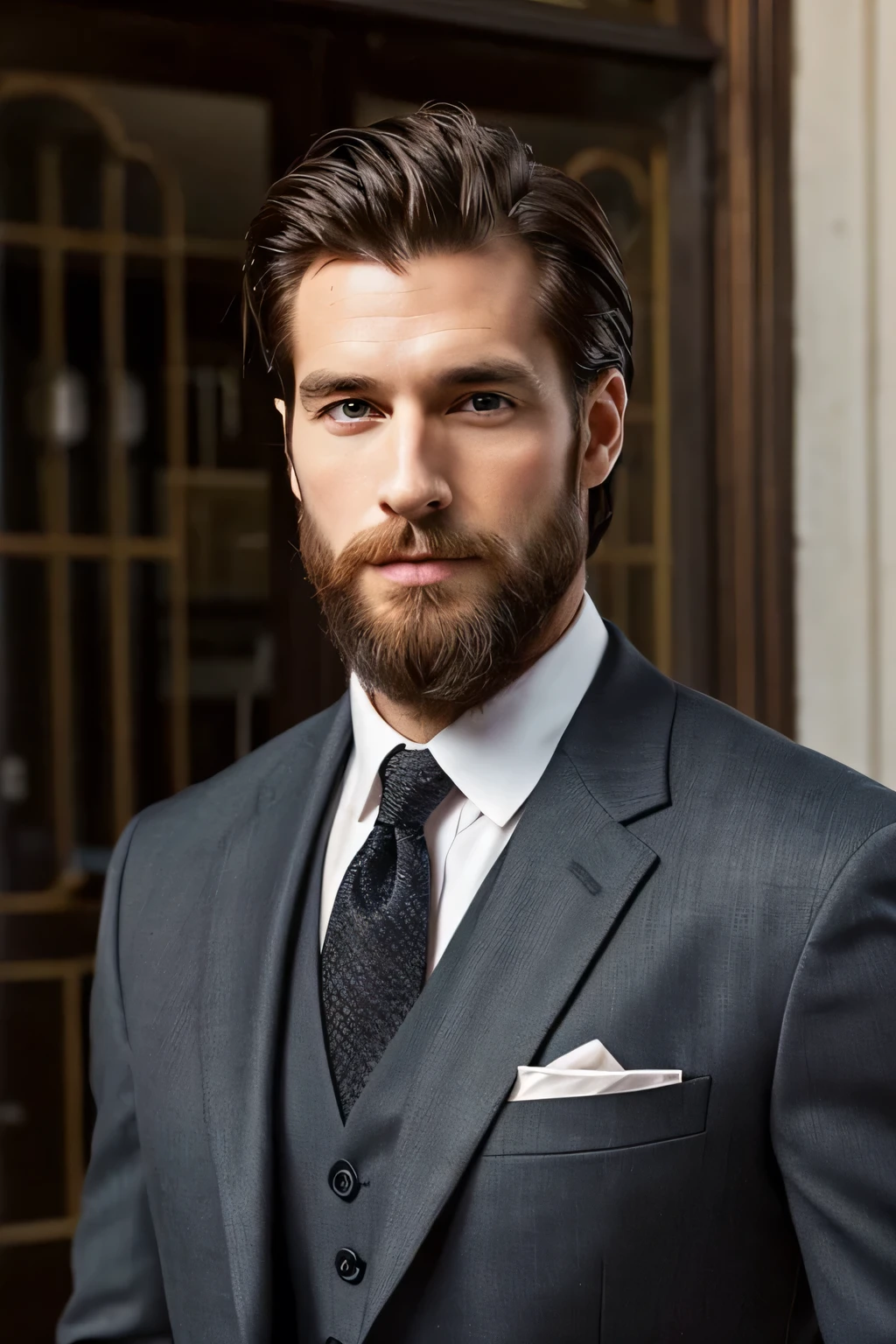 classic handsome guy in a suit. Mid forty's, beard. Strong rugged features.