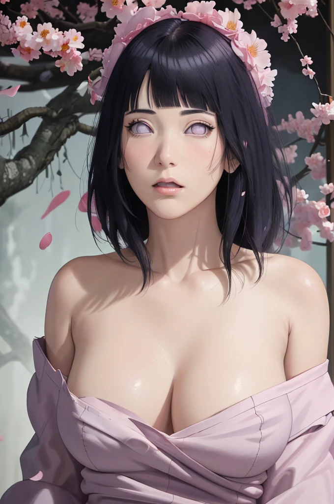 masterpiece, absurdres, hinata\(boruto\), 1girl, solo,mature female, off-shoulder oversized shirt, looking at viewer, (falling petals), perfect composition, detailed lips, big breast, beautiful face, body propotion, blush, (pink lips), long hair,  purple eyes,  soft gaze,  super realistic, detailed, photoshoot, realistic face and body,