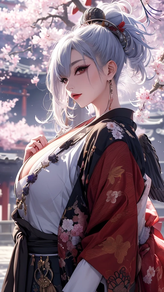 Very detailedな CG Unity 8K UHD 品質解像度の壁紙, Award-winning portraits, Official Art, A perfect masterpiece, highest quality, Highest Resolution, The most beautiful demon goddess, 非常に手の込んだオープンフードkimono, Black angel wings, Bold colors and patterns, Trendy and innovative platinum white mohawk hairstyle, Bright makeup, Big Breasts , Showing cleavage, kimono, A stunning feudal Japanese garden, A faithful recreation of feudal Japan., Cherry blossoms blown by the wind, Vibrant color scheme, Insane Details, Beautiful and dense face, blush, Sexy and attractive lascivious expression, Looking at the audience, Obscene, Saucy, attractive, sexy, Dynamic pose, Intricate details, Very detailed.