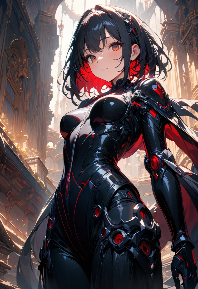 1 japanese girl, War Armor, complex patterns, heavy metal, energy line, Faceless, glowing eyes, elegant, intense, blood red and black, alone, modern, City, street, Dark clouds, thunderstorm, downpour,, dramatic lighting,, (masterpiece:1.2), best quality, High resolution,   Beautiful detailed, Very detailed, Perfect lighting,