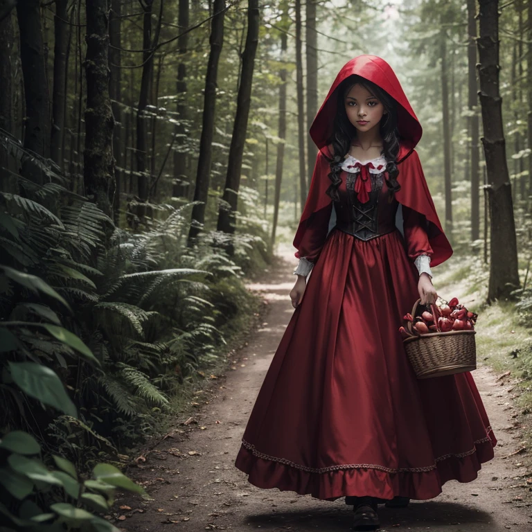 based on the fairy tale "Little Red Riding Hood", a beautiful girl in a red riding hood walks along a forest path in France, a basket of pies in one hand, a Kalashnikov assault rifle in the other, depth of field, sideways, bright saturated colors, extremely realistic images, shadows, high detail, Unreal Engine graphics, realism, 8K Ultra HD