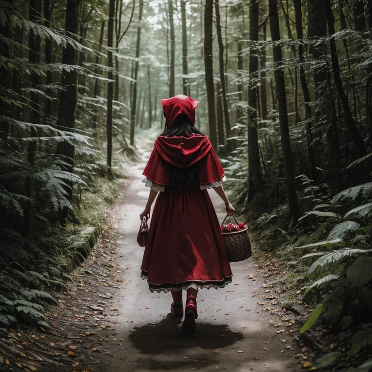 based on the fairy tale "Little Red Riding Hood", a beautiful girl in a red riding hood walks along a forest path in France, a basket of pies in one hand, a Kalashnikov assault rifle in the other, depth of field, sideways, bright saturated colors, extremely realistic images, shadows, high detail, Unreal Engine graphics, realism, 8K Ultra HD