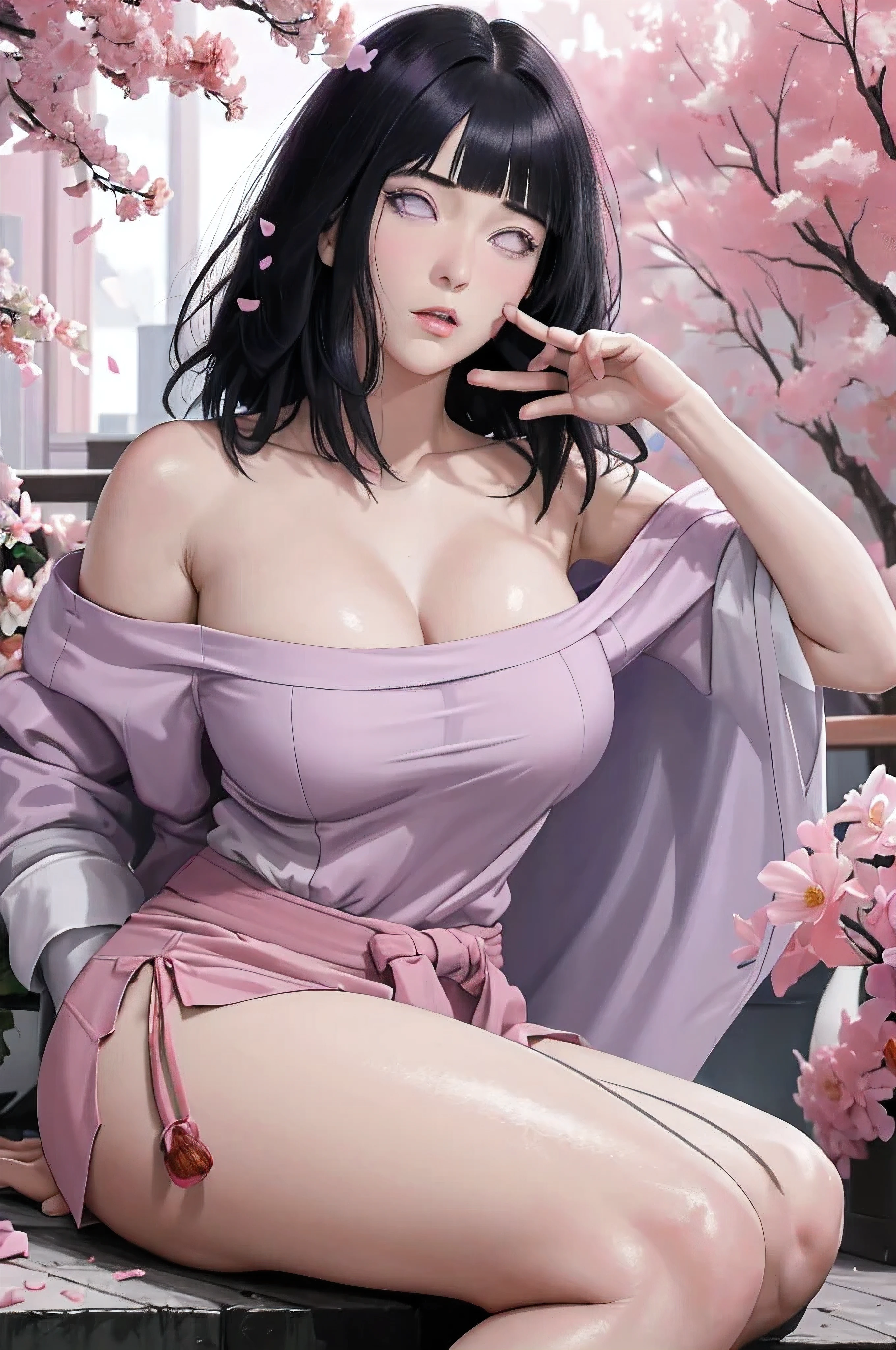masterpiece, absurdres, hinata\(boruto\), 1girl, solo, huge , huge breast, mature female, nude, looking at viewer, (falling petals), perfect composition, detailed lips, big breast, beautiful face, body propotion, blush, (pink lips), long hair, purple eyes, soft gaze, super realistic, detailed, photoshoot, realistic face and body, sexual expression, seductive expression, pink nipples