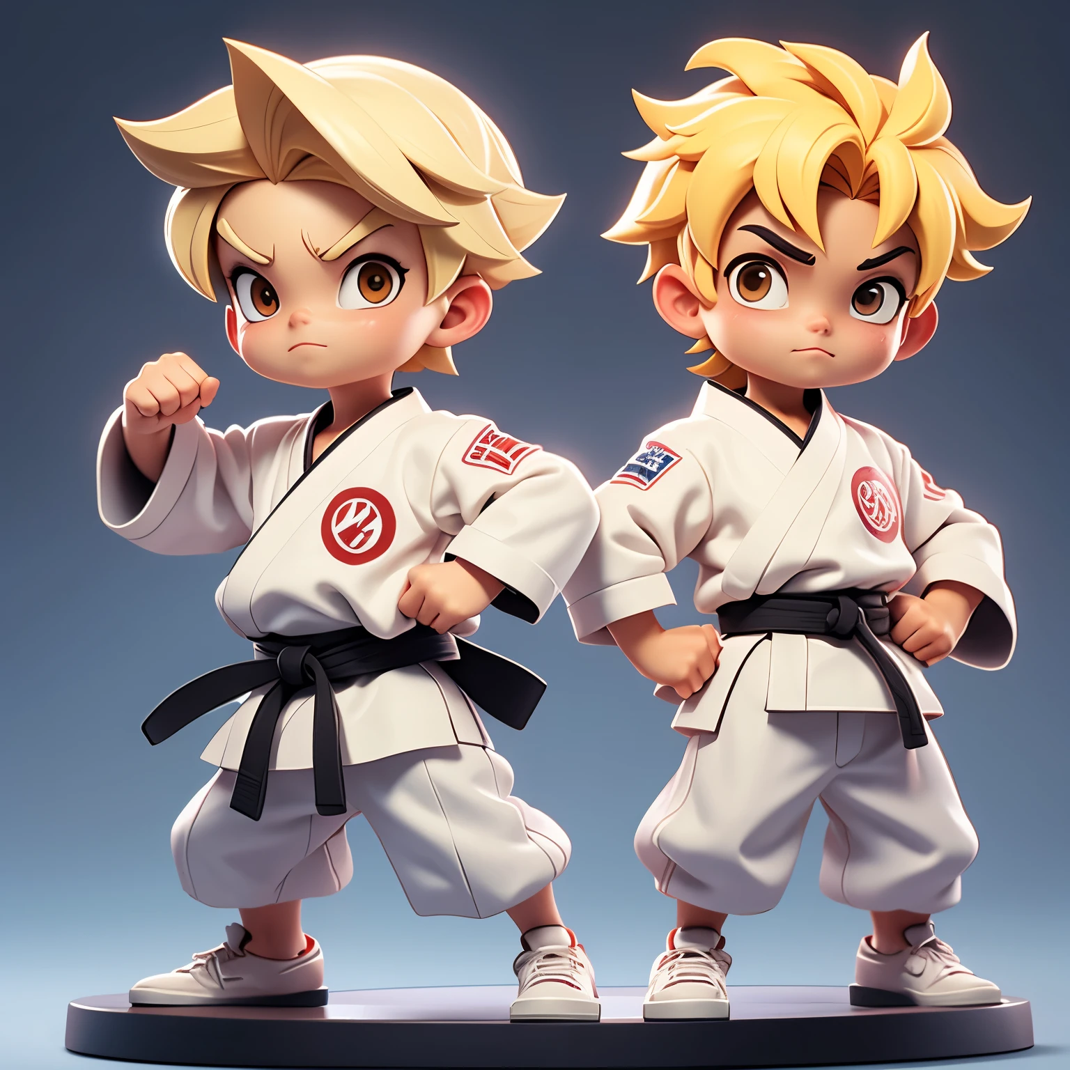 Karate boys with white karate uniform, blonde hair, black karate belt