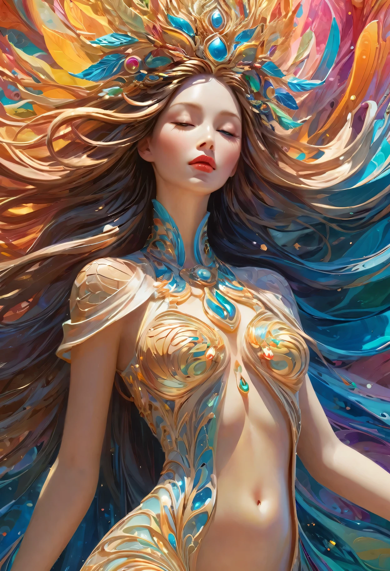 （Super Fine，lifelike：1.37），Psychedelic abstract art：3D goddess sculpture made of flowing liquid，Beautiful detailed eyes，Beautiful detailed lips，Serene expression，soft flowing hair，Upper body portrait，Background of the myth，creative composition，Meticulous attention to detail，Liquid textures and patterns，High-resolution rendering，Crystal clear，Exquisite craftsmanship，Dreamy atmosphere，Sensual and fascinating，masterpiece：1.2。