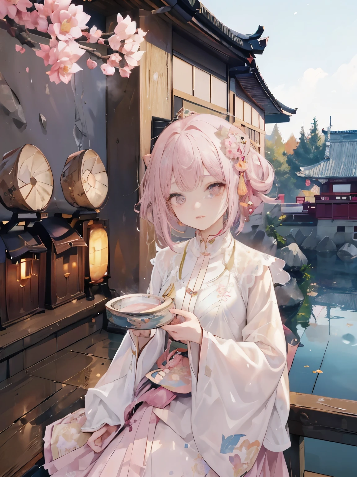 ((highest quality)), ((masterpiece)), (detailed), Perfect Face,Perfect hands,Pink Hair,Oiran,Girl,Japanese palace in the background,Dark,Troubled face,Shoulder Bare