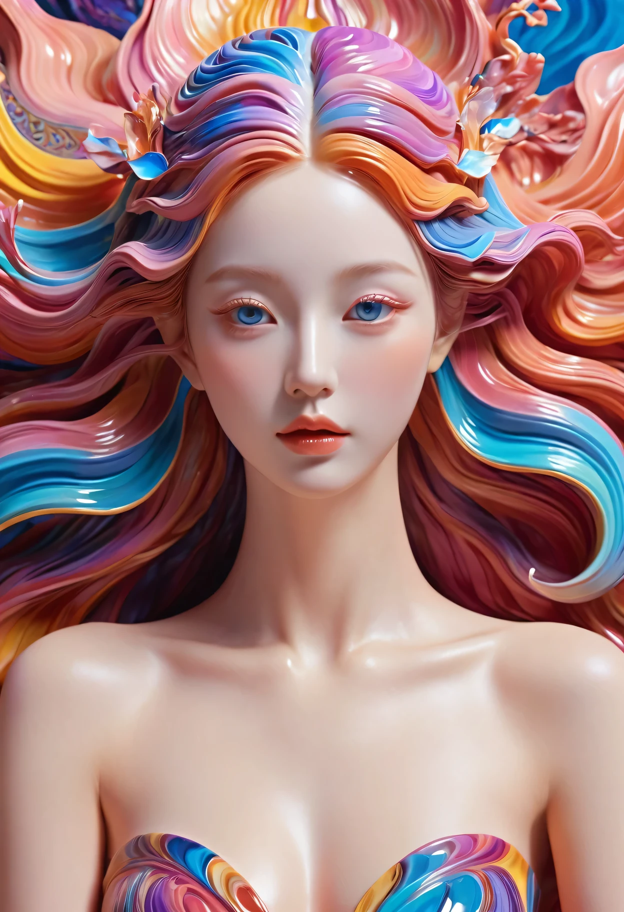 (Super Fine,lifelike:1.37),Psychedelic abstract art:3D goddess sculpture made of flowing liquid,Beautiful detailed eyes,Beautiful detailed lips,Serene expression,soft flowing hair,Upper body portrait,Background of the myth,creative composition,Meticulous attention to detail,Liquid textures and patterns,High-resolution rendering,Crystal clear,Exquisite craftsmanship,Dreamy atmosphere,Sensual and fascinating,masterpiece:1.2。