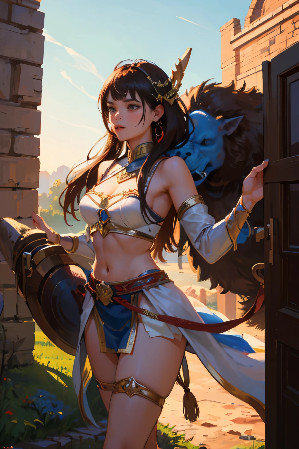 hight resolution, A hyper-realistic, Beautiful ancient warrior woman in skimpy armor with a sword carrying a bloody head of a troll