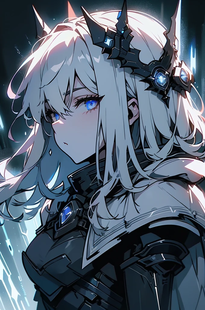 armored girl, grey hood and cape, background dark space battlefield, heavy rain, light silver short hair, blue glowing beautiful eyes, cowboy_shot, blue glowing lined simple armor plate, dark environment, high detailed face, Advance mask, intense war