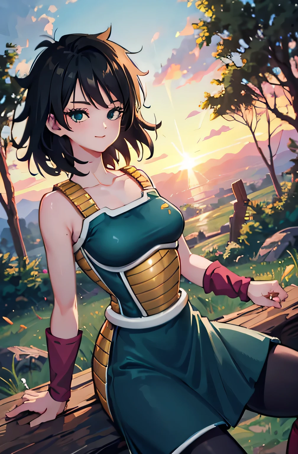 masterpiece, best quality, gine, saiyan armor, collarbone, green skirt, wristband, black pantyhose, upper body, smile, looking at viewer, field, trees, sunset sky, 1 girl, solo