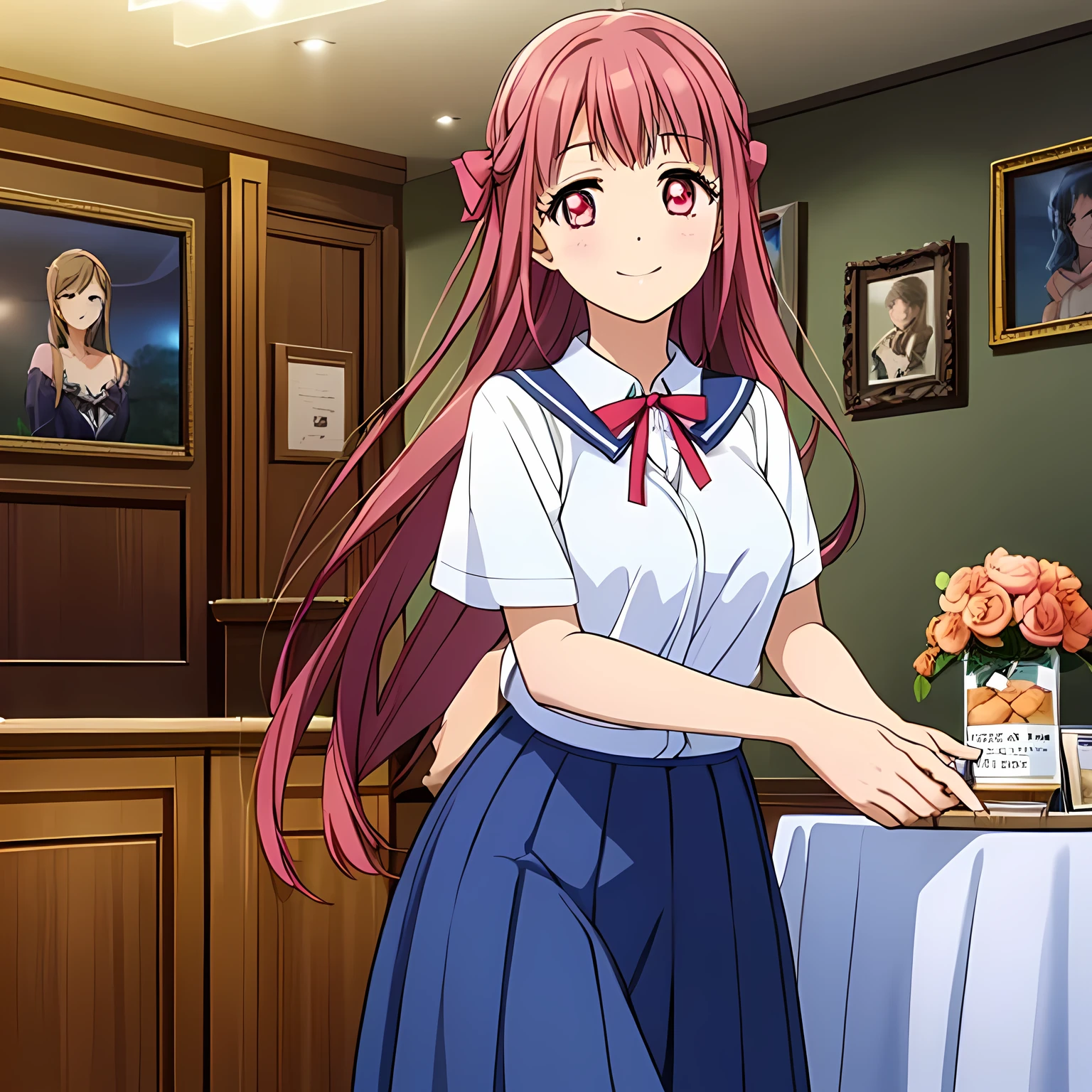 highest quality, (masterpiece:1.2), Very detailed, ((A very beautiful girl casts a spell on the viewer in a very pitch-dark room)), (()), (((Beautiful long, very shiny peach-colored hair))), She has a big yellow ribbon in her hair., ((Navy blue sailor suit)), ((Navy blue pleated long skirt)), ((((Very beautiful and shining deep pink eyes)))), ((Very long eyelashes)), A large crimson ribbon on the chest, ((An elegant expression like a noble princess)), (((A beautiful and enchanting smile))), Very good posture, ((Mysteries of the Sabbath)), (((Pitch-dark room))), Black Altar, Black Wall, There are several portraits of beautiful women on display, (((Magic Circles and Mysteries)))