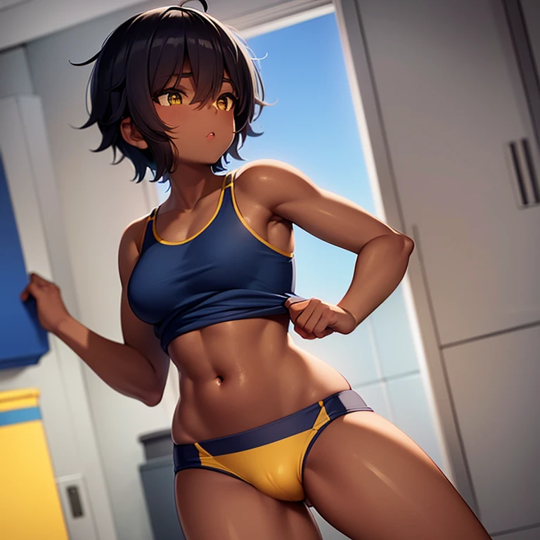 1girl, tomboy, dark skin, chubby, short hair, yellow sportsbra, midriff, blue panties, low angle, full body view, locker room