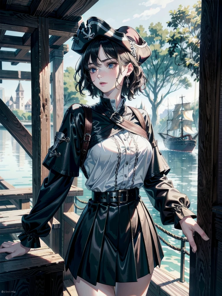 absurdres, RAW photo, extremely delicate and beautiful, masterpiece, Best Quality, ultra high resolution, 32k, hyperrealistic, ultra-detailed, detailed description, pale skin, 20 years old, tearful mole, earring, Colossal tits, short medium hair, wavy hair, Practical pirate clothing, Long-sleeved pirate top, Skirt,