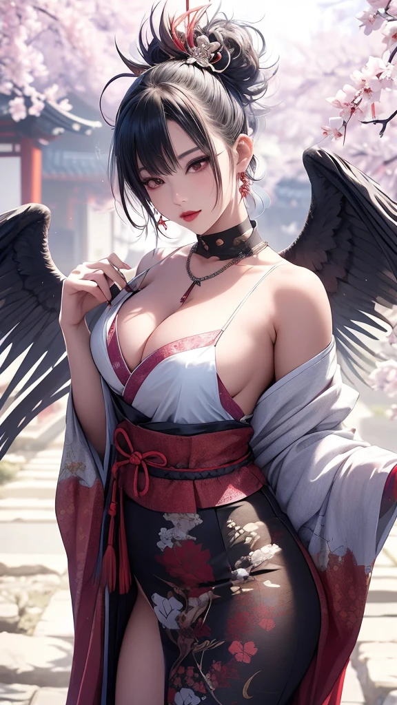 Very detailedな CG Unity 8K UHD 品質解像度の壁紙, Award-winning portraits, Official Art, A perfect masterpiece, highest quality, Highest Resolution, The most beautiful demon goddess, 非常に手の込んだオープンフードkimono, Black angel wings, Bold colors and patterns, Trendy and innovative platinum white mohawk hairstyle, Bright makeup, Big Breasts , Showing cleavage, kimono, A stunning feudal Japanese garden, Faithfully recreated feudal Japan., Cherry blossoms blown by the wind, Vibrant color scheme, Insane Details, Beautiful and dense face, blush, Sexy and Charm lascivious expression, Looking at the audience, Obscene, Saucy, Charm, sexy, Dynamic pose, Intricate details, Very detailed.