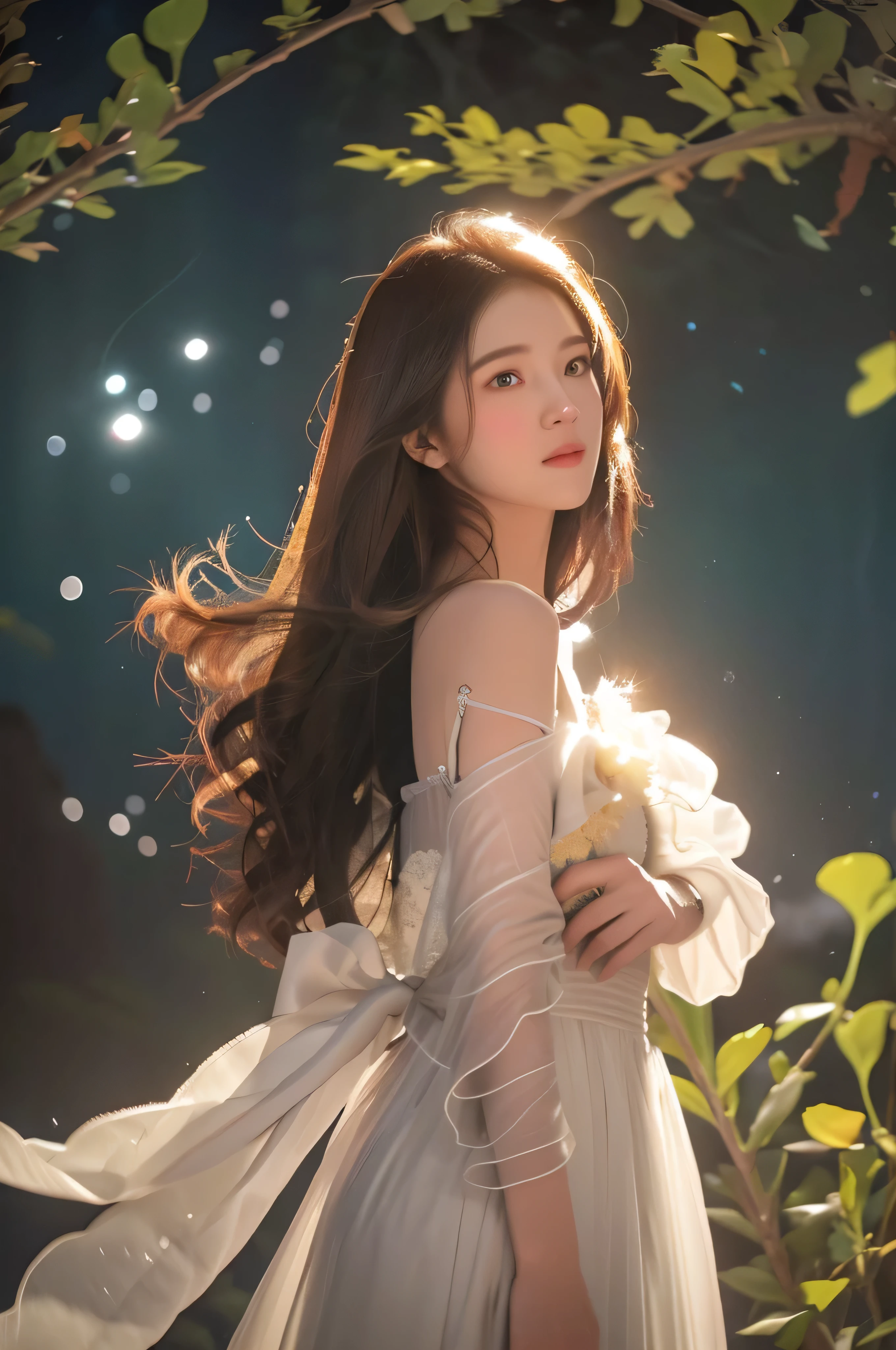 masterpiece, best quality, (alone focus), (perfect face:1.1), (high detail:1.1), (very detailed eyes), dramatic, Woman with pale skin and long, voluminous dark brown hair, black eye, alone, long hair, Sephiroth, moon, night, White off-shoulder sparkly dress, Puffy lips, rose garden, realistic, movie lights, rose, Petals fluttering in the wind