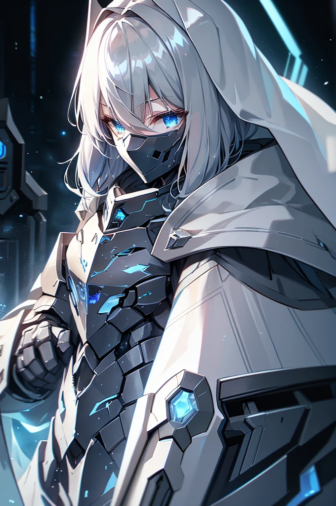 armored girl, grey hood and cape, background dark space battlefield, heavy rain, light silver short hair, blue glowing beautiful eyes, cowboy_shot, blue glowing lined simple armor plate, dark environment, high detailed face, Advance mask, intense war