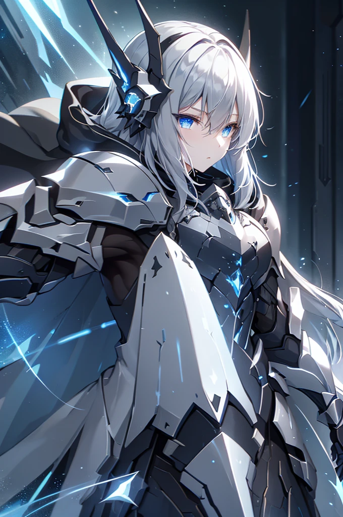 armored girl, grey hood and cape, background dark space battlefield, heavy rain, light silver short hair, blue glowing beautiful eyes, cowboy_shot, blue glowing lined simple armor plate, dark environment, high detailed face, Advance mask, intense war
