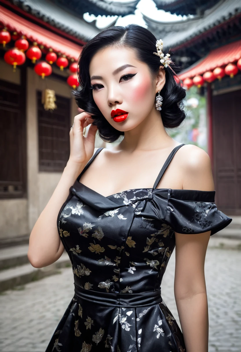 1 girl,Busch,Robbery Girl,kleid china,chinesische kleidung,Haarblume,(Meisterwerk:1.4),(best quality:1.4),(shiny skin),rote Lippen,Betrachter betrachten,big ,Lippenspalte