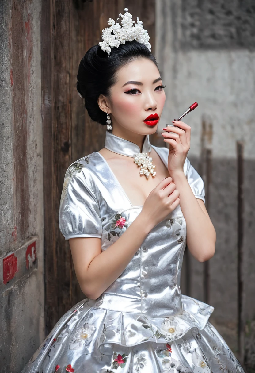 1 girl,Busch,Robbery Girl,kleid china,chinesische kleidung,Haarblume,(Meisterwerk:1.4),(best quality:1.4),(shiny skin),rote Lippen,Betrachter betrachten,big ,Lippenspalte