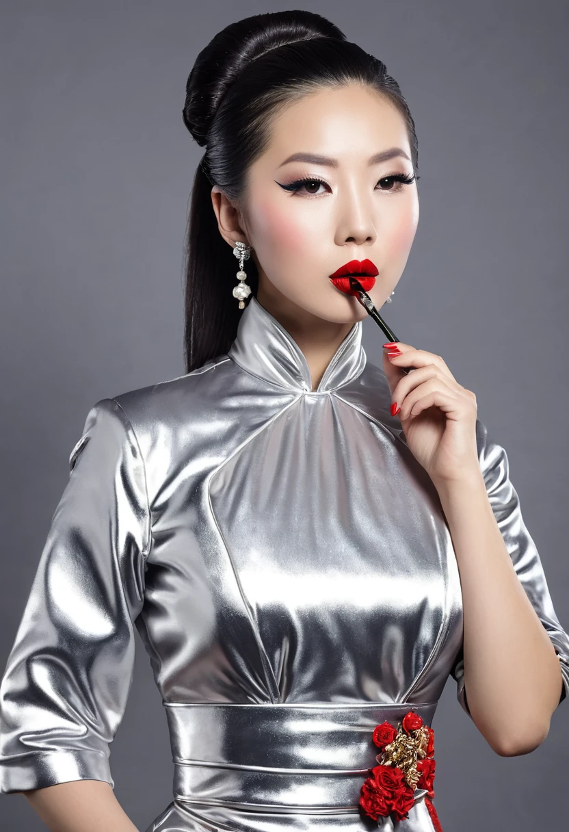 1 girl,Busch,Robbery Girl,kleid china,chinesische kleidung,Haarblume,(Meisterwerk:1.4),(best quality:1.4),(shiny skin),rote Lippen,Betrachter betrachten,big ,Lippenspalte