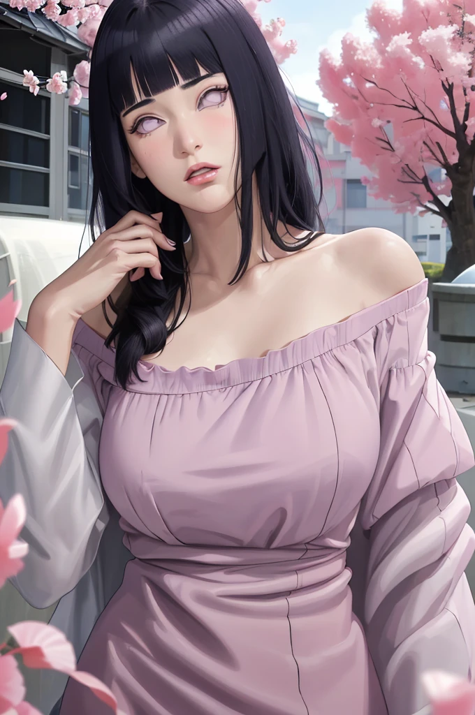masterpiece, absurdres, hinata\(boruto\), 1girl, solo,mature female, off-shoulder oversized shirt, looking at viewer, (falling petals), perfect composition, detailed lips, big breast, beautiful face, body propotion, blush, (pink lips), long hair,  purple eyes,  soft gaze,  super realistic, detailed, photoshoot, realistic face and body,